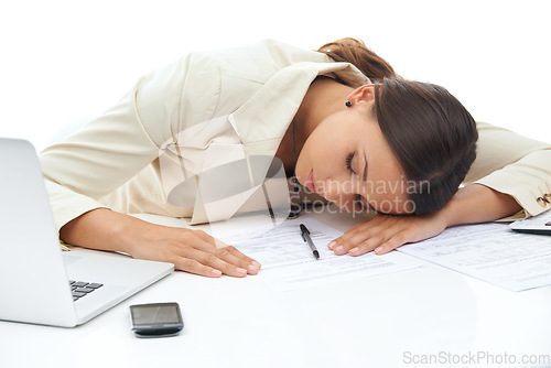 Image of Businesswoman, paperwork and sleep at desk for work as sales consultant for deadline fail, burnout or tired. Female person, laptop and overtime fatigue employee or lazy, studio or white background