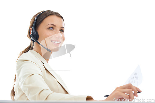 Image of Business woman, consultant and call center with documents in customer service on a white studio background. Female person or agent smile with headphones for online advice or help with mockup space