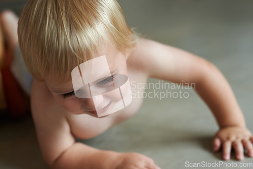 Image of Baby, playing on floor outdoor for development with relax, curiosity and early childhood in backyard of home. Toddler, child and crawling on ground for wellness, milestone or exploring with innocence