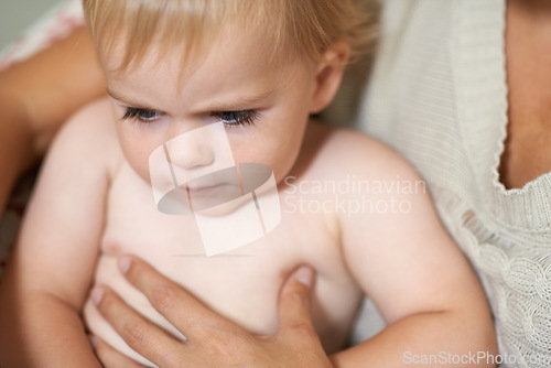 Image of Baby, closeup and parent holding boy with love and comfort in morning or home. Infant, kid and bonding together with care of person for wellness, development and growth of relationship as family