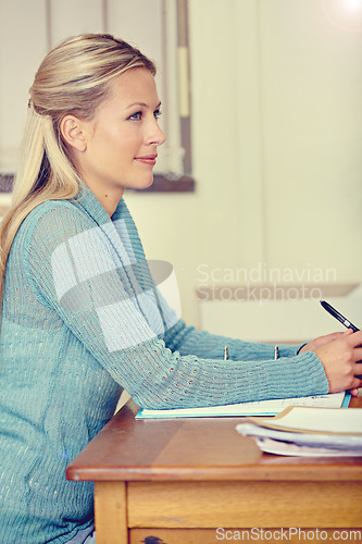 Image of Marking exams, woman and educator with books, thinking and education in a classroom, ideas and decision. Person, school and teacher with pen, test and opportunity with choice, daydreaming or wonder