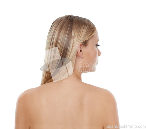 Image of Back woman and cosmetics in studio for hair care with keratin treatment, shampoo shine and mock up. Model, person and soft hairstyle, texture and cosmetology with skincare on white background