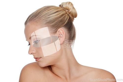 Image of Woman, face and beauty with cosmetics in studio for glowing shine, wellness and dermatology on mock up. Model, person or confidence with skincare, collagen or keratin treatment on white background