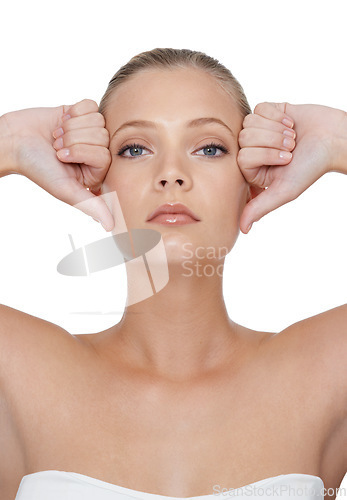 Image of Skincare, beauty and portrait with woman, dermatology and wellness isolated on a white studio background. Face, person and model with grooming, luxury and shine with glow, cosmetics and aesthetic