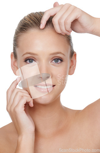 Image of Woman, portrait and beauty with cosmetics in studio for glowing face, wellness and dermatology on mock up. Model, person or confidence with skincare, collagen or botox treatment on white background