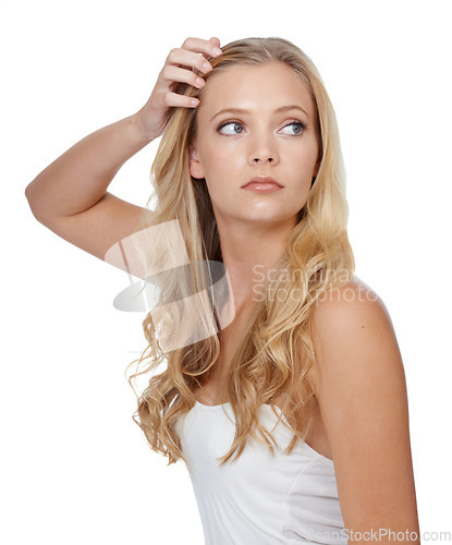 Image of Woman, thinking and beauty with hair care in studio for cosmetics, keratin treatment and shampoo shine. Model, person and confidence with skincare, collagen texture and hairstyle on white background