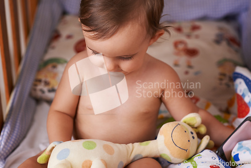 Image of Baby, toy and playing in crib for fun, stuffed animal and child development of motor skills and knowledge. Girl, toddler and relaxing in nursery at home, learning and curiosity for growth and care