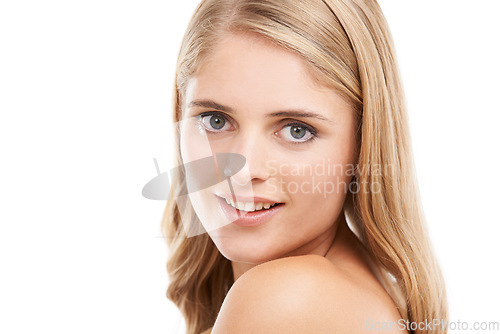 Image of Woman, portrait and smile in studio with beauty, confidence and pride for cosmetic treatment or glow. Model, person or face or happy for haircare or cheerful with mock up space on white background