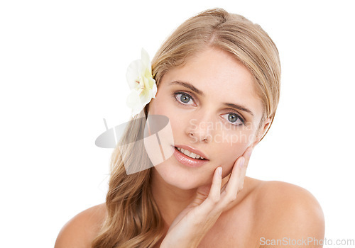 Image of Woman, portrait and smile in studio with flower, makeup or pride for cosmetic or beauty mock up. Model, person or sustainable dermatology for haircare or natural organic skincare on white background