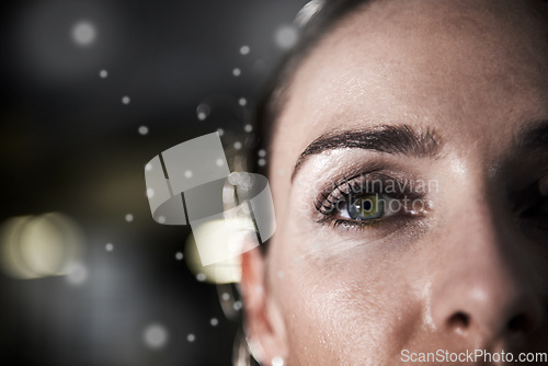 Image of Eyes, mockup face and portrait of woman for vision, sight and ophthalmology support for closeup anatomy. Contact lens, ocular optometry and person for biometric facial recognition with bokeh