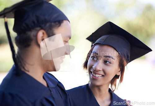 Image of Couple, graduation with education and academic success with ceremony outdoor at university. Certification, achievement and event at college with happy people together for milestone and award