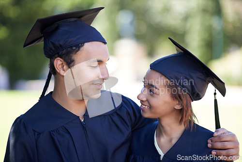 Image of Couple, graduate and man hug woman for education and academic success with ceremony outdoor. Certification, achievement and event at university with happy people together for milestone and award