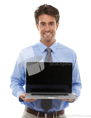 Image of Portrait, business man and laptop screen in studio for deal, offer and newsletter coming soon on white background. Happy worker, computer and mockup space for sign up, subscription and advertising UX