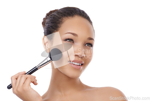 Image of Woman, face and makeup brushes for beauty cosmetics, blush or skincare against a white studio background. Female person or model smile for facial treatment, foundation or soft texture on mockup space