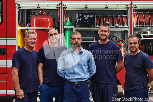 Image of A skilled and dedicated professional firefighting team proudly poses in front of their state of the art firetruck, showcasing their modern equipment and commitment to ensuring public safety.