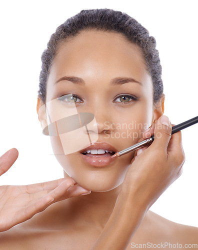 Image of Woman, lip gloss and makeup application in portrait, cosmetics and beauty tools or equipment. Female model person, studio and wellness by white background, skincare and luxury lipstick aesthetic