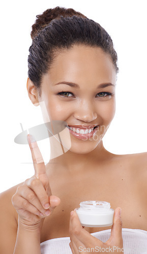 Image of Happy woman, portrait and cream for skincare, beauty or facial treatment against a white studio background. Face of female person or model smile with sunscreen creme, skin product or spa cosmetics