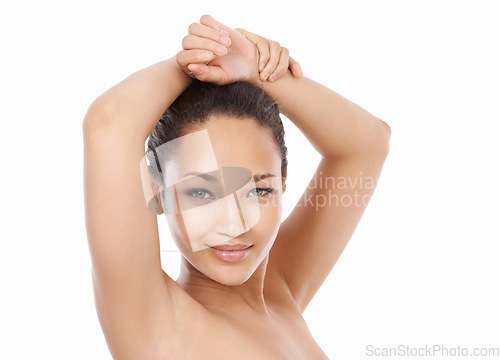 Image of Woman, portrait and beauty or underarm in studio, cleaning and hair removal from armpit for hygiene. Female model person, smiling and skincare or face, cosmetics and dermatology by white background