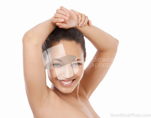 Image of Woman, portrait and skincare or underarm in studio, cleaning and hair removal from armpit for hygiene. Female model person, beauty and wellness or face, cosmetics and dermatology by white background