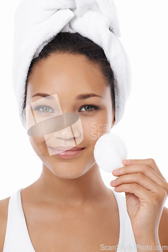 Image of Woman, portrait and cotton pad for skincare, beauty or cosmetics product with dermatology results in studio. Face of African person or model with hygiene wipe for facial makeup on a white background