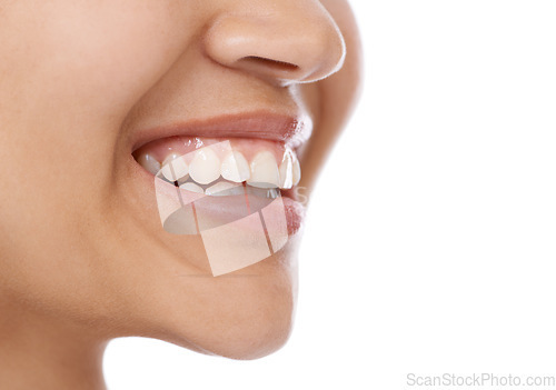 Image of Woman, teeth and mouth for dental care, hygiene or treatment against a white studio background. Closeup of female person or model smile in satisfaction for oral, gum and tooth whitening on mockup