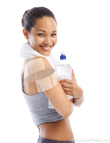 Image of Woman, workout and water bottle in studio for health, wellness and exercise or fitness break. Portrait of young happy person or sports model with liquid for energy and training on a white background