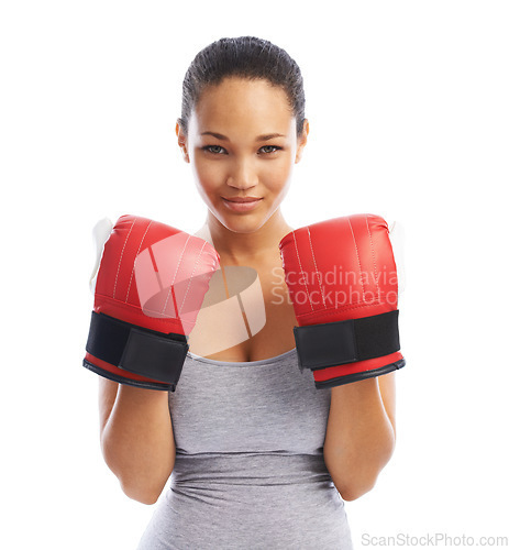 Image of Happy woman, portrait and boxer ready for fight competition against a white studio background. Female person or professional with boxing gloves for self defense, power or challenge in sport fitness