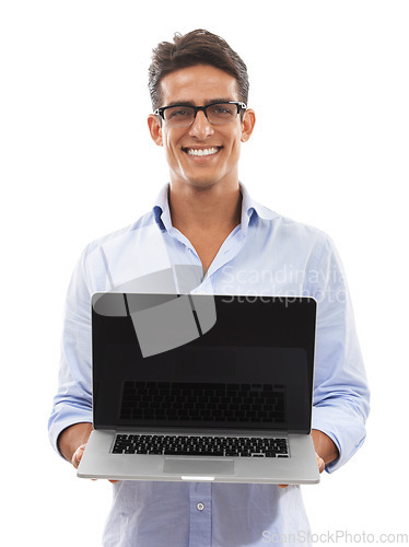 Image of Technician, computer screen and portrait in studio for presentation, information technology solution or software update. Professional man on laptop mockup for technical services on a white background
