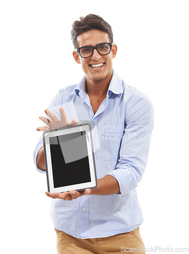 Image of Man, show tablet screen and space in studio for e learning website, presentation or online education. Portrait of teacher or professor with digital technology for registration on a white background