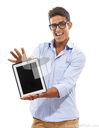 Image of Business man, tablet mockup screen and website, online presentation or stock market software in studio. Portrait of excited trader on digital technology with news of trading app on a white background