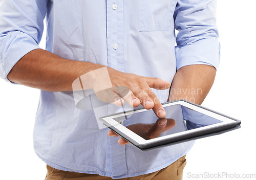 Image of Man, tablet and hands scroll on screen, social media post and download ebook app in studio on white background. Closeup, model and digital technology for web network, subscription and online shopping