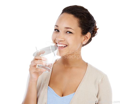 Image of Portrait, woman and drinking water in studio for healthy nutrition, diet and detox on white background. Happy model with refreshing glass of liquid, aqua and h2o for benefits, hydration and vitamins