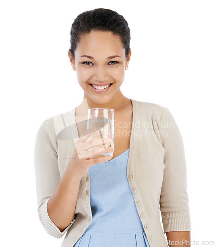 Image of Portrait, woman and smile in studio for drinking water, healthy nutrition and detox on white background. Thirsty model with refreshing glass of liquid, aqua and benefits of hydration for clean diet