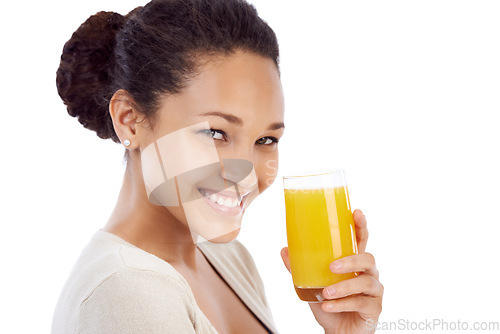 Image of Smile, portrait or woman with orange juice in studio for wellness, nutrition or detox on white background. Face, happy or female nutritionist with glass of vitamin C, supplement or health fruit drink