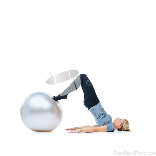 Image of Woman, ball or stretching on a white background space for workout, wellness or mobility exercise. Female athlete training, core or fitness for mockup, stretching legs or body flexibility in studio