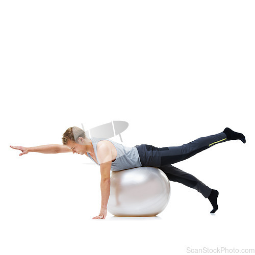 Image of Stretching on ball, man or balance in studio mockup for workout, wellness or exercise on white background. Flexible athlete, training equipment or fitness for core challenge, body mobility or space