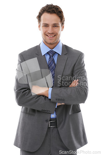 Image of Happiness, arms crossed and studio portrait of happy man with lawyer experience, legal career or confidence. Law firm expert, advocate or business attorney pride in government job on white background