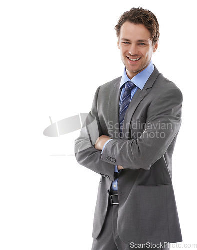 Image of Business, arms crossed and studio portrait of happy man with lawyer experience, legal career and mockup space. Law firm expert, advocate and attorney confident in government job on white background