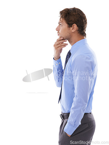 Image of Studio profile, thinking and business man planning of problem solving solution, work innovation or agency decision. Mockup space, wondering and agent question choice, why or idea on white background