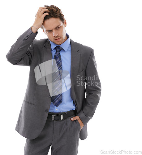 Image of Studio, thinking and business man stress over corporate problem, company disaster or work mistake. Anxiety, crisis and professional person worry for risk, fail or error isolated on white background