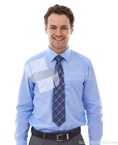 Image of Happiness, studio portrait and business man with lawyer experience, legal career or confident in justice vocation. Law, advocate and corporate attorney pride in government job on white background