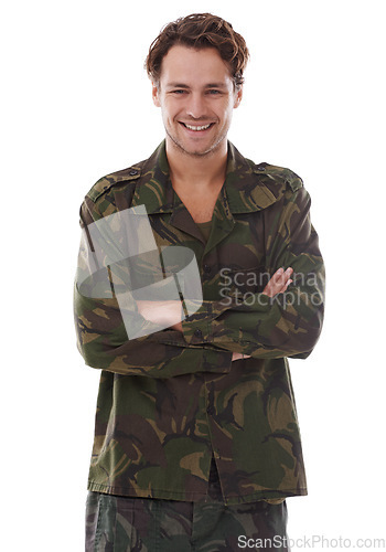 Image of Military, arms crossed and smile with portrait of man in studio for war, conflict and patriotism. Army, surveillance and security with person on white background for soldier, battlefield and veteran