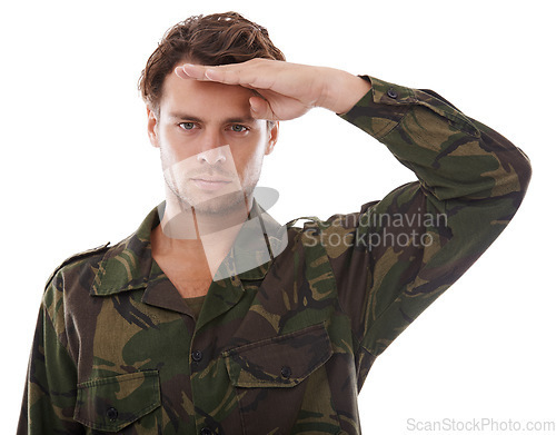 Image of Military, salute and serious with portrait of man in studio for war, conflict and patriotism. Army, surveillance and security with person on white background for soldier, battlefield and veteran