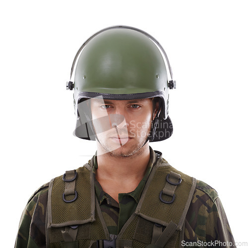 Image of Military, warrior and serious with portrait of man in studio for war, conflict and patriotism. Army, surveillance and security with person on white background for soldier, battlefield and veteran