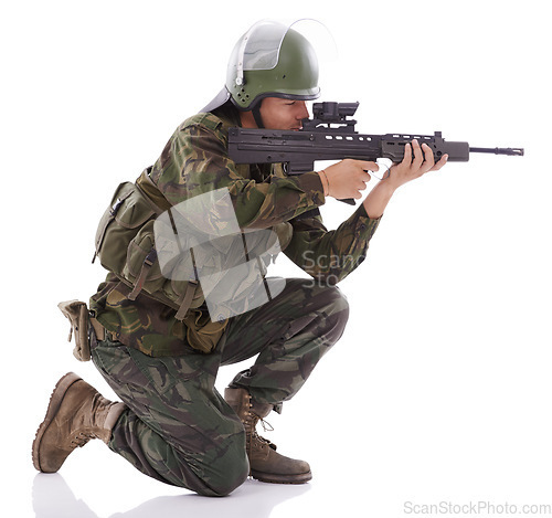 Image of Military, shooting and sniper with man and gun in studio for war, conflict and warrior. Army, surveillance and security with person and rifle on white background for soldier, battlefield or veteran