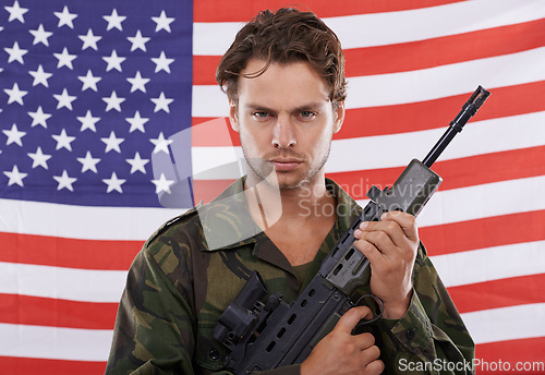 Image of Military, Usa and gun with portrait of man in studio for war, conflict and patriotism. Army, surveillance and security with person on American flag for soldier, battlefield and veteran training