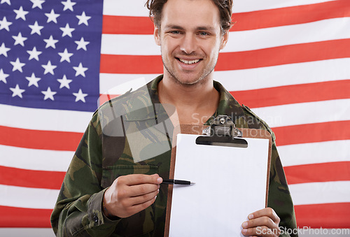 Image of Military, usa and recruitment with portrait of man in studio for war, conflict and patriotic. Army, mockup and page with person and clipboard on American flag for soldier, battlefield and veteran