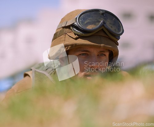 Image of Military, warrior and camouflage with man in nature for war, conflict and patriotic. Army, surveillance and security with person training on field for soldier, battlefield and veteran services