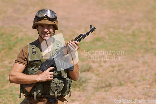 Image of Military, smile and gun with portrait of man in nature for war, conflict and patriotic. Army, surveillance and security with person and rifle training in outdoors for soldier, battlefield and veteran