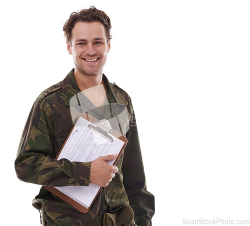 Image of Military, recruitment and clipboard with portrait of man in studio for war, conflict and sign up. Army, surveillance and security with person on white background for soldier, battlefield and veteran